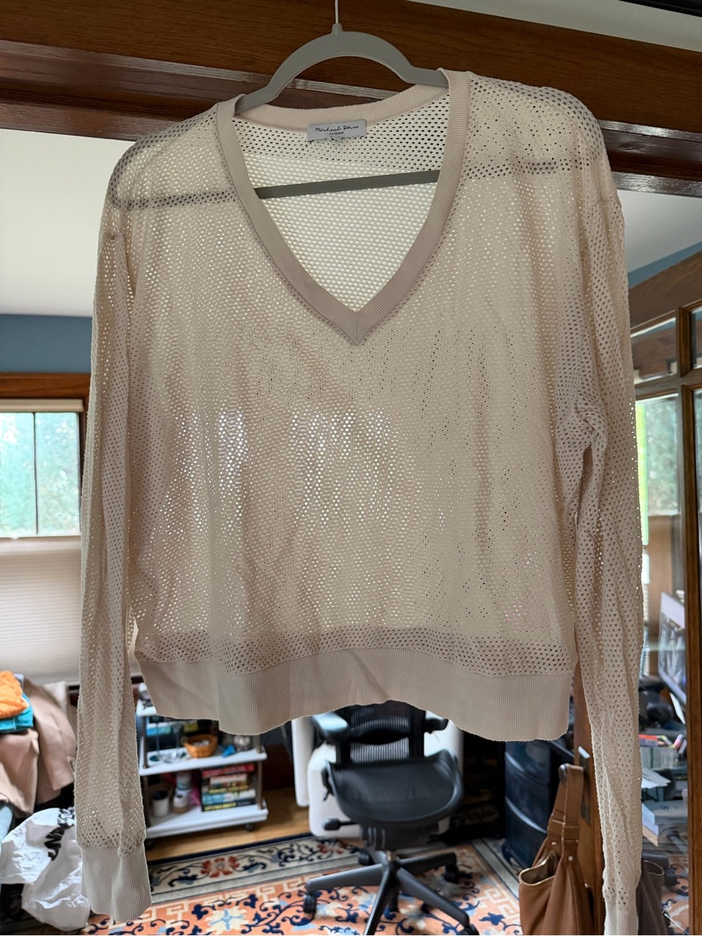 Michael Stars Open-Knit V-Neck Sweater in Light Beige